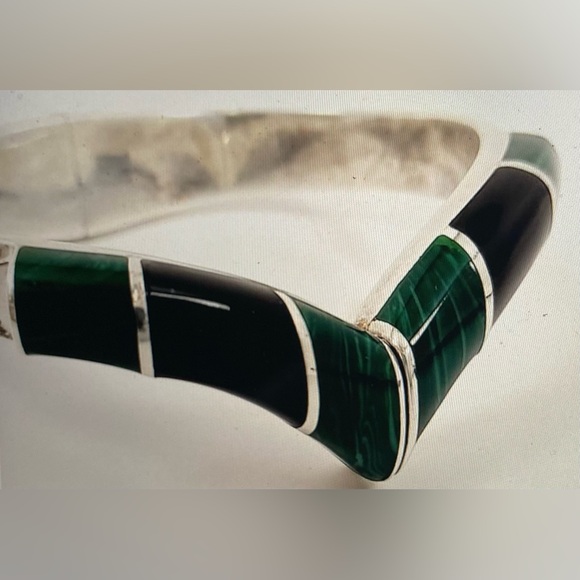 TAXCO Sterling Silver Malachite & Onyx Chevron Hinged Bracelet Stamped Mexico HP - Picture 6 of 14